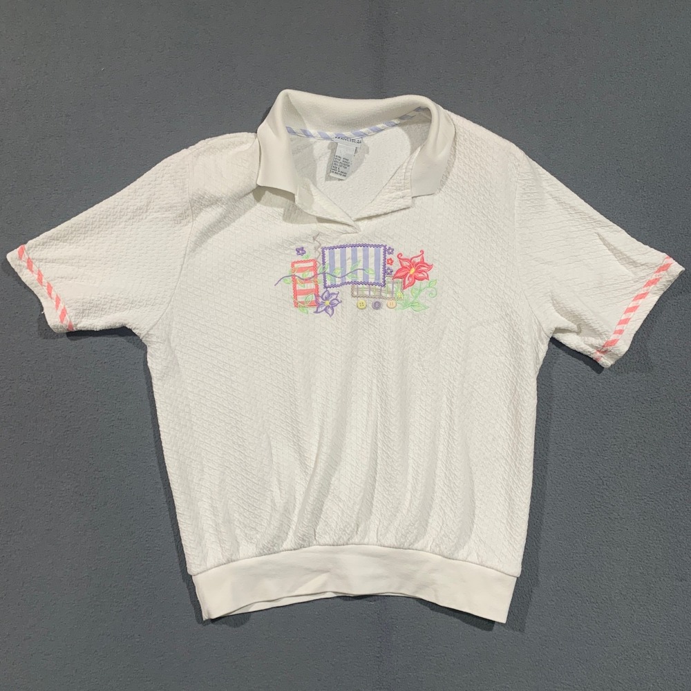 Koret Francisca Polo Shirt Womens Large White Embroidered Vintage Grannycore L